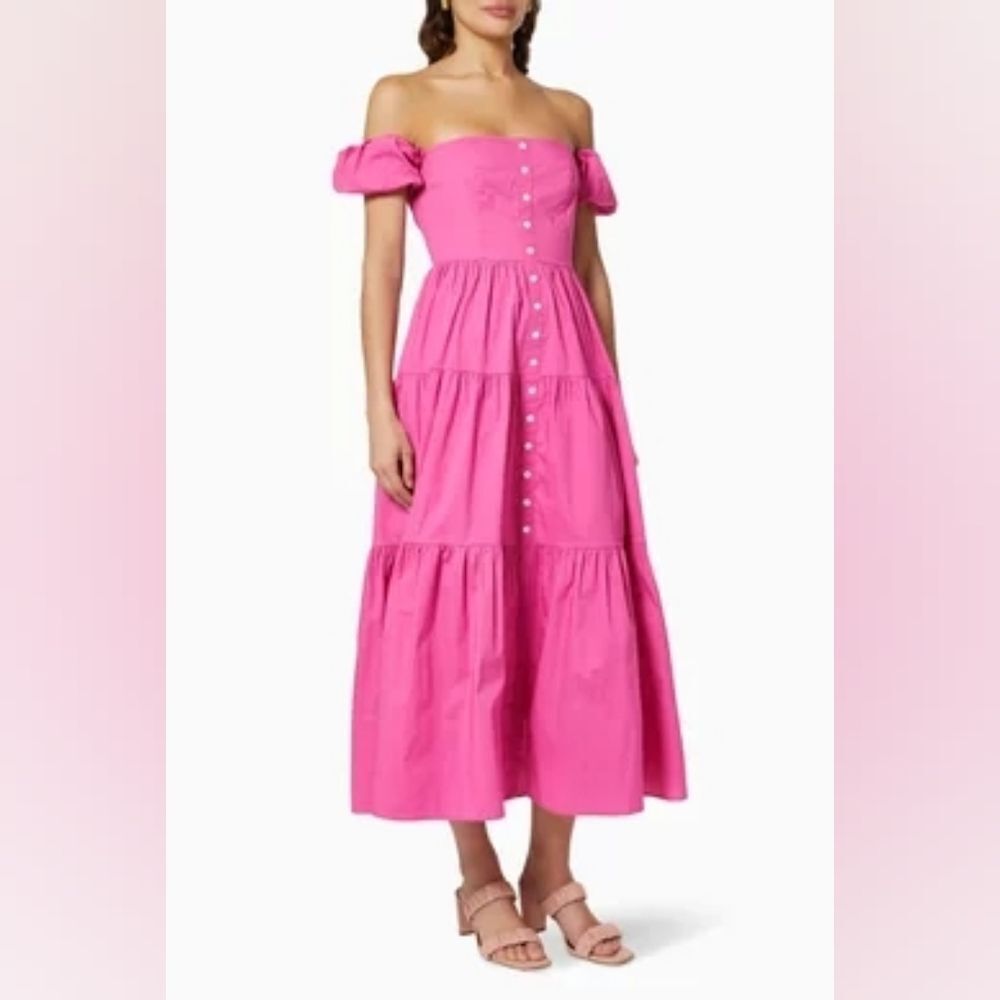 STAUD Elio Off-shoulder Dress in Cotton Poplin Pink 🩷 size 10